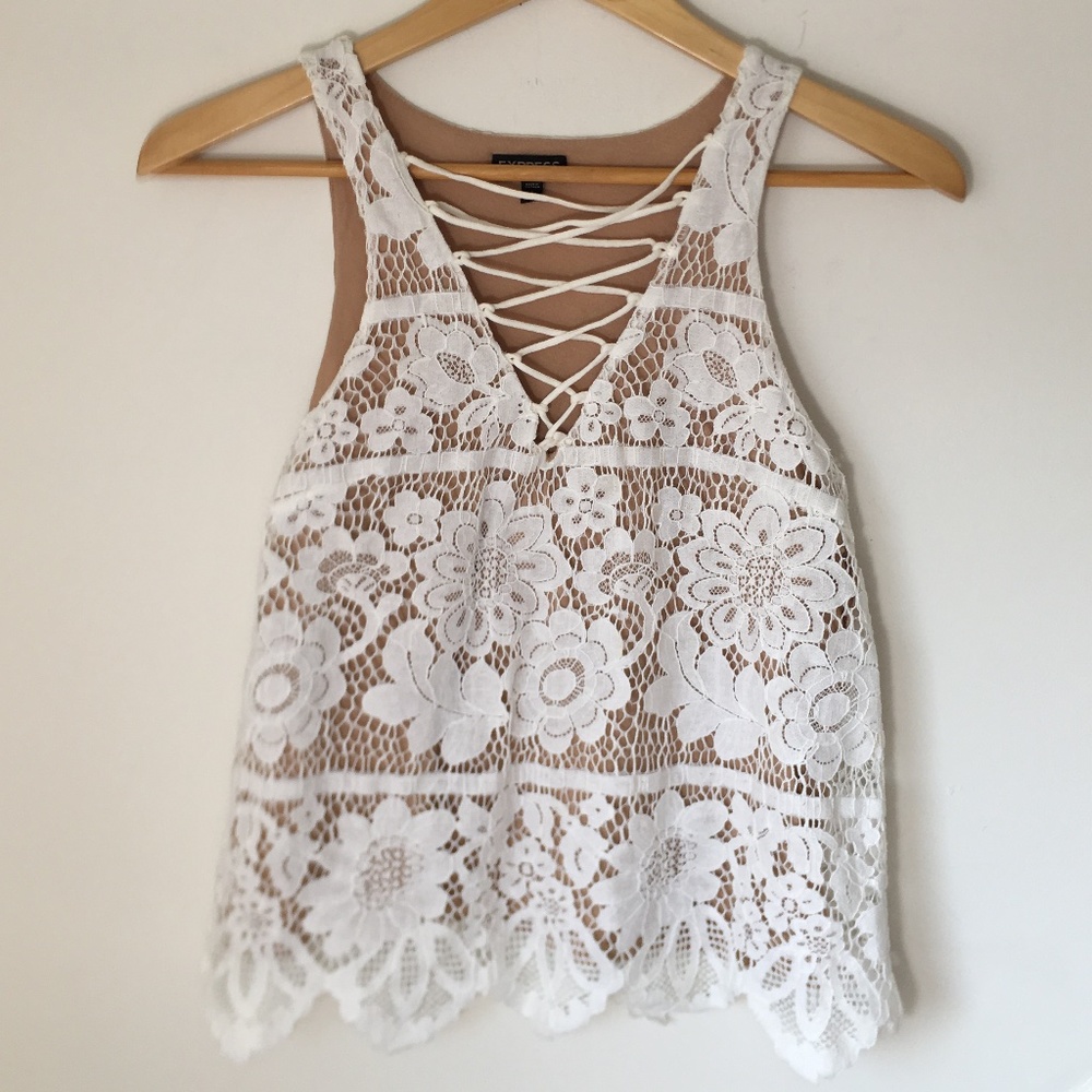 Express White Floral Lace Criss Cross Tank